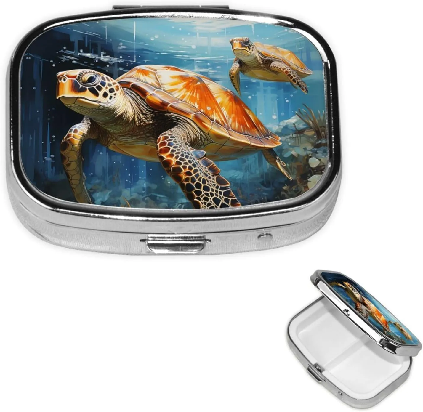 Pill Case with Mirror Retro 2 Compartment Pill Box Turtle Swimming in The sea Small Pill Organizer for Purse or Pocket Decorative Metal Medicine Vitamin Organizer Unique Gifts