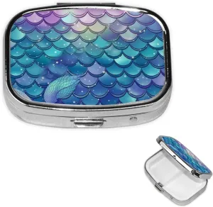 Pill Case with Mirror Retro 2 Compartment Pill Box Water Lily Mermaid Scales Small Pill Organizer for Purse or Pocket Decorative Metal Medicine Vitamin Organizer Unique Gifts