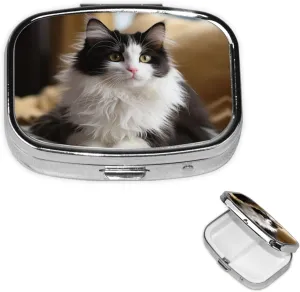Pill Case with Mirror Retro 2 Compartment Pill Box White and Black Kitten Sitting Small Pill Organizer for Purse or Pocket Decorative Metal Medicine Vitamin Organizer Unique Gifts