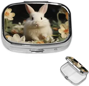 Pill Case with Mirror Retro 2 Compartment Pill Box White Rabbit and Lilies Small Pill Organizer for Purse or Pocket Decorative Metal Medicine Vitamin Organizer Unique Gifts