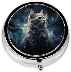 Pill Case with Mirror Retro 3 Compartment Pill Box A cat in a Nebula Small Pill Organizer for Purse or Pocket Decorative Metal Medicine Vitamin Organizer Unique Gifts