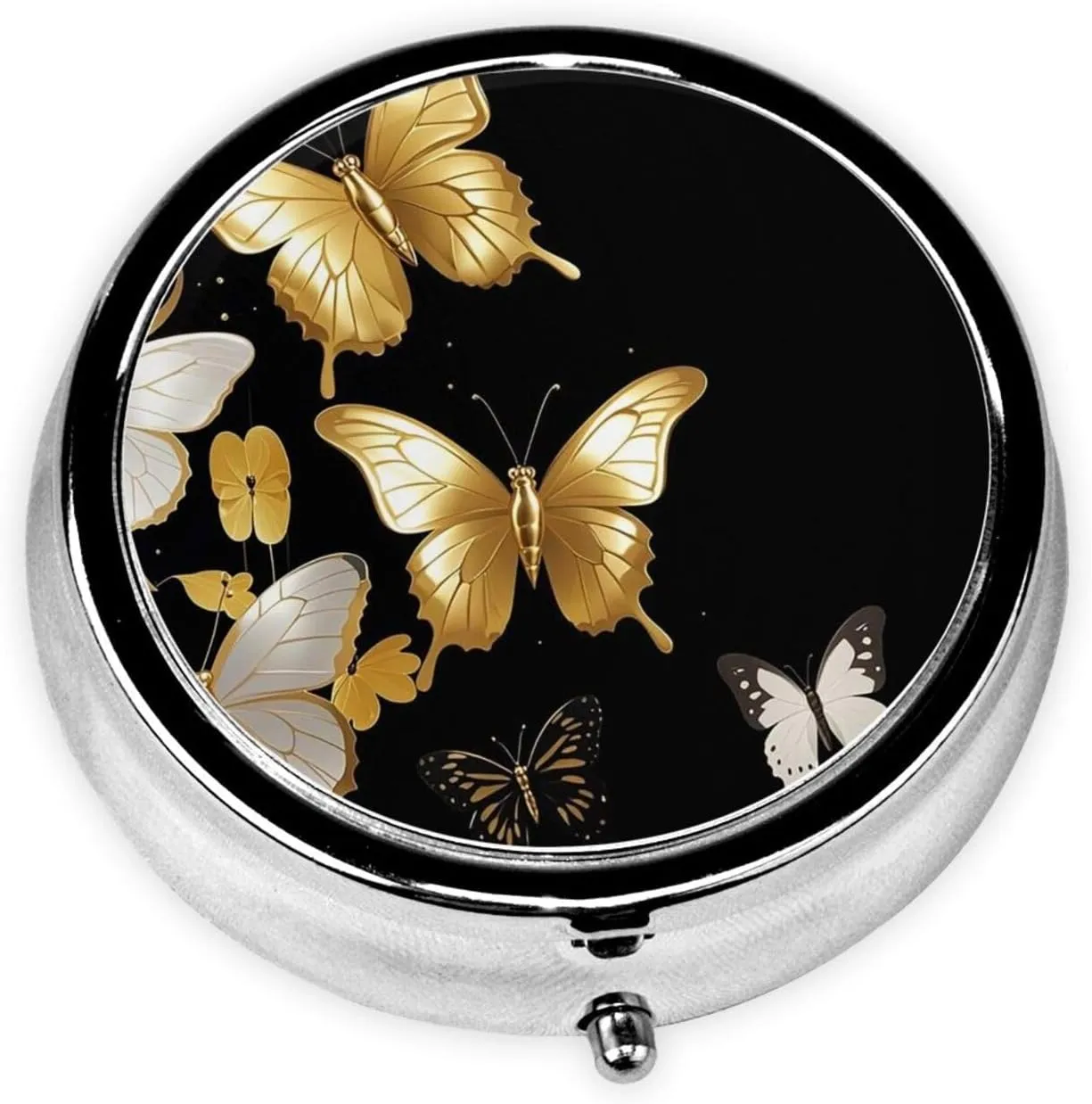 Pill Case with Mirror Retro 3 Compartment Pill Box Gold White Butterflies Black Small Pill Organizer for Purse or Pocket Decorative Metal Medicine Vitamin Organizer Unique Gifts