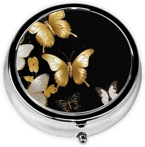 Pill Case with Mirror Retro 3 Compartment Pill Box Gold White Butterflies Black Small Pill Organizer for Purse or Pocket Decorative Metal Medicine Vitamin Organizer Unique Gifts