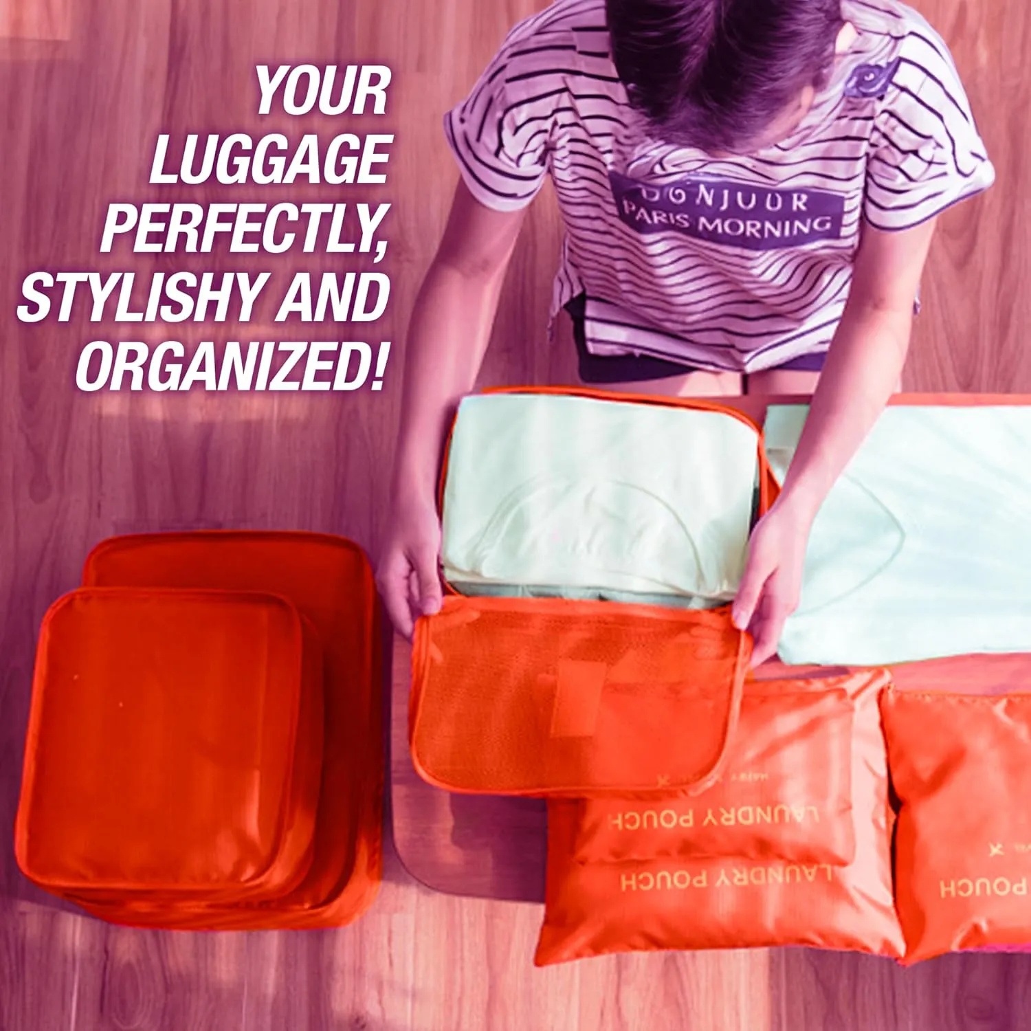 PINK ELEPHANT - Set of 6-Piece Storage Bags - Organization Luggage Set of Various Sizes, Travel Must Haves, Travel Essentials for Clothes & Accessories, Organizer Cubes and Bags - Polyester - Salmon