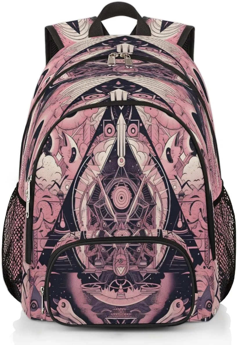 Pink Magic Circle Small Backpack for Women, Sacred Geometry Travel Backpack Carry On Backpack Waterproof Backpack Cute Book Bags With Chest Strap for Women Men