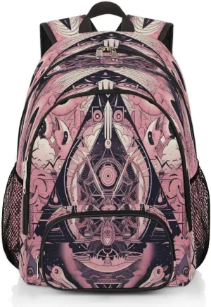 Pink Magic Circle Small Backpack for Women, Sacred Geometry Travel Backpack Carry On Backpack Waterproof Backpack Cute Book Bags With Chest Strap for Women Men