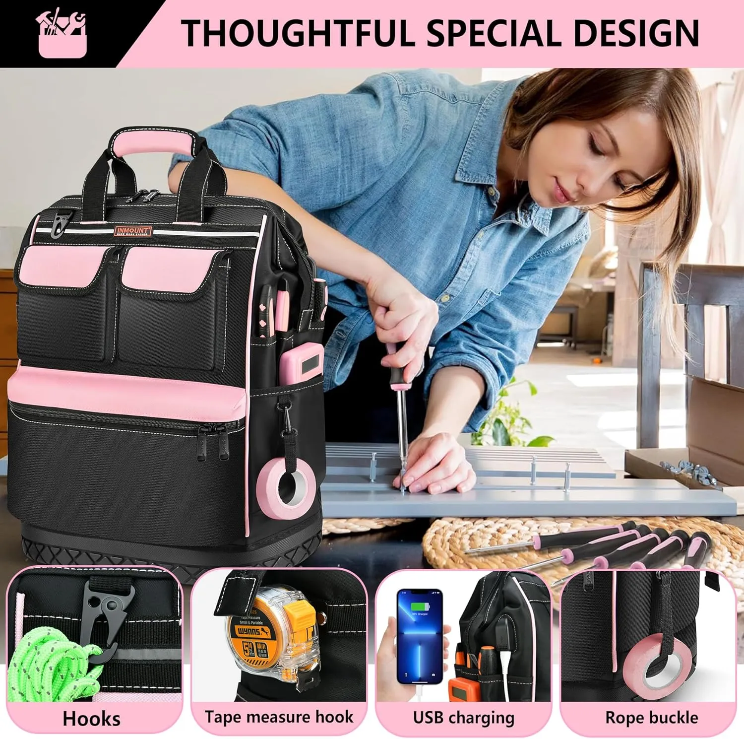 Pink Tool Bag Backpack for Women, Heavy Duty Tool Bags Organizer with Waterproof Molded Base, Wide Mouth Tool Back Pack for HVAC Electrician Construction, Durable Metal Zippers&Combination Lock