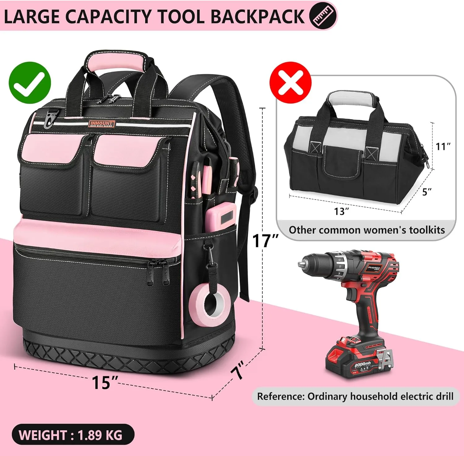 Pink Tool Bag Backpack for Women, Heavy Duty Tool Bags Organizer with Waterproof Molded Base, Wide Mouth Tool Back Pack for HVAC Electrician Construction, Durable Metal Zippers&Combination Lock