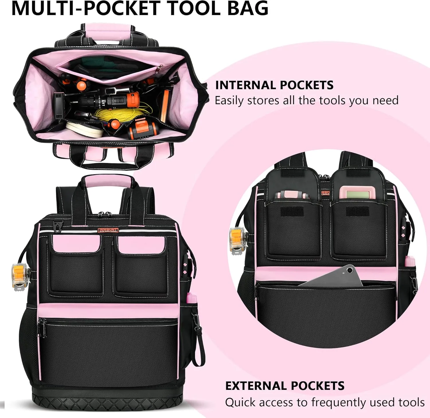 Pink Tool Bag Backpack for Women, Heavy Duty Tool Bags Organizer with Waterproof Molded Base, Wide Mouth Tool Back Pack for HVAC Electrician Construction, Durable Metal Zippers&Combination Lock
