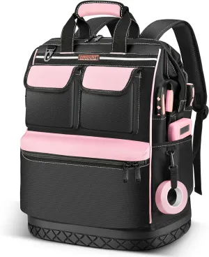 Pink Tool Bag Backpack for Women, Heavy Duty Tool Bags Organizer with Waterproof Molded Base, Wide Mouth Tool Back Pack for HVAC Electrician Construction, Durable Metal Zippers&Combination Lock