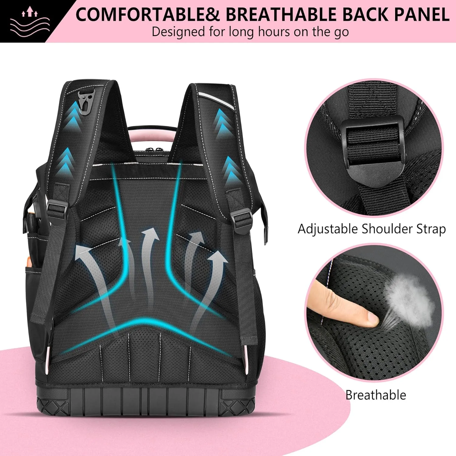 Pink Tool Bag Backpack for Women, Heavy Duty Tool Bags Organizer with Waterproof Molded Base, Wide Mouth Tool Back Pack for HVAC Electrician Construction, Durable Metal Zippers&Combination Lock