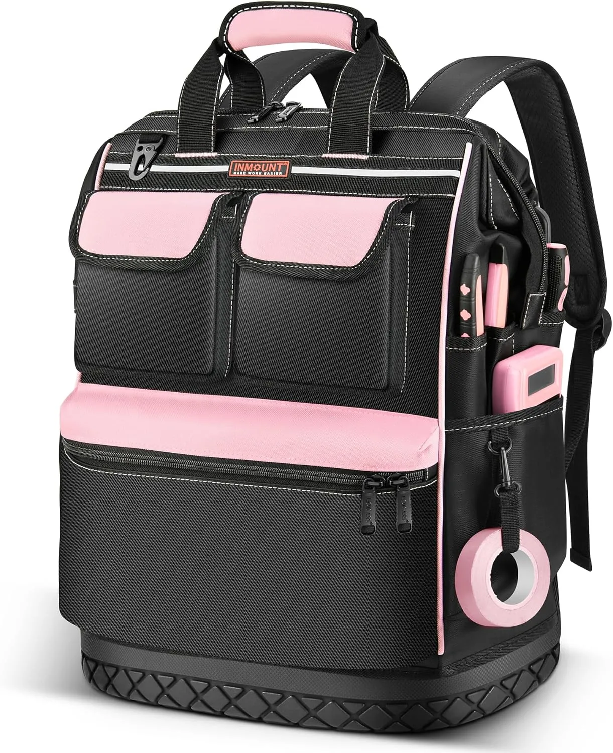Pink Tool Bag Backpack for Women, Heavy Duty Tool Bags Organizer with Waterproof Molded Base, Wide Mouth Tool Back Pack for HVAC Electrician Construction, Durable Metal Zippers&Combination Lock