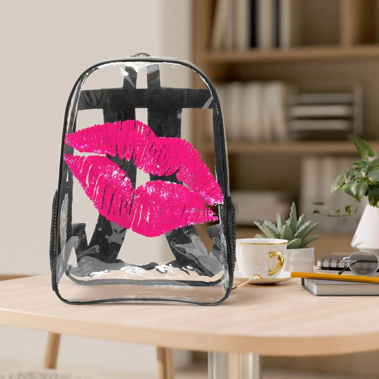 Pinks Lips 16 Inch Clear PVC Backpacks Transparent Backpack Multipurpose Double Shoulder Bag for Men Women Gifts