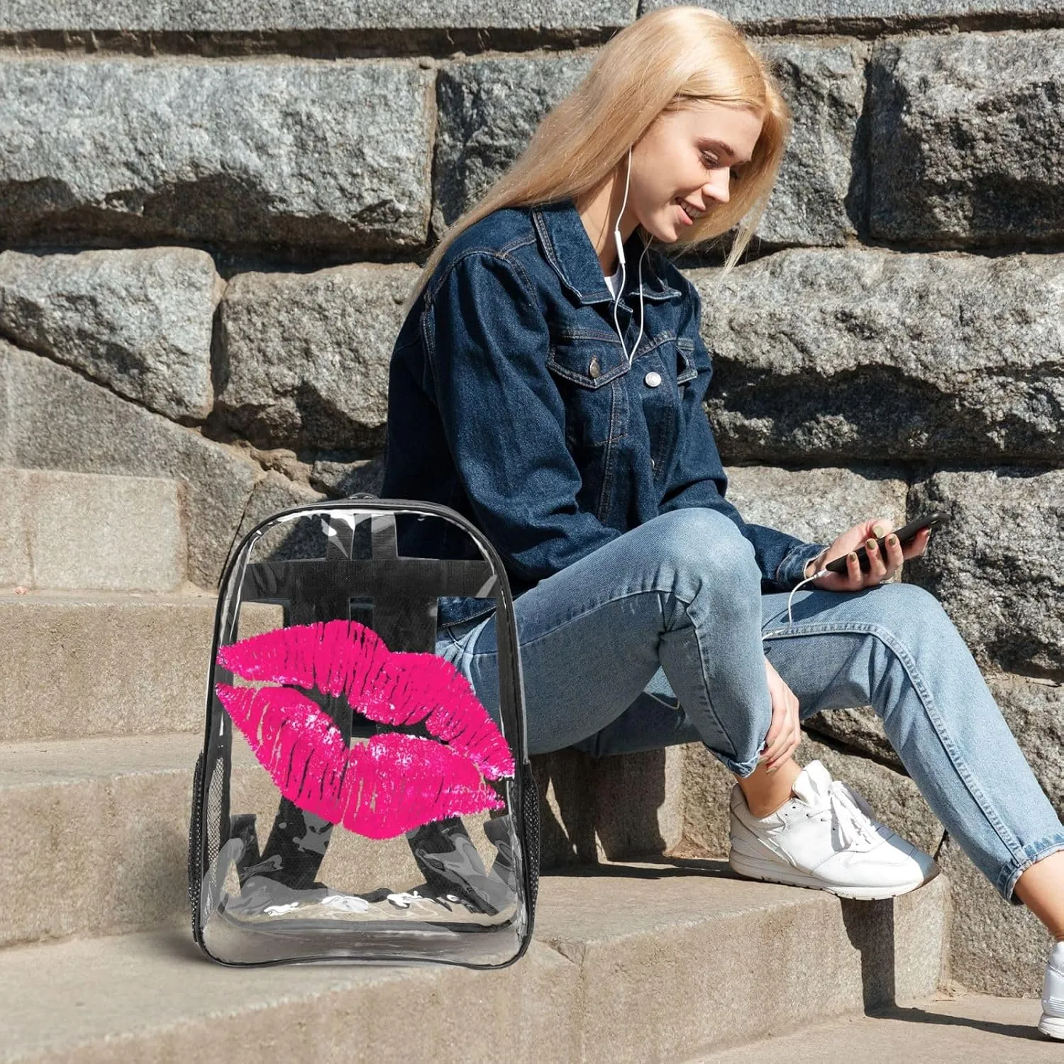 Pinks Lips 16 Inch Clear PVC Backpacks Transparent Backpack Multipurpose Double Shoulder Bag for Men Women Gifts