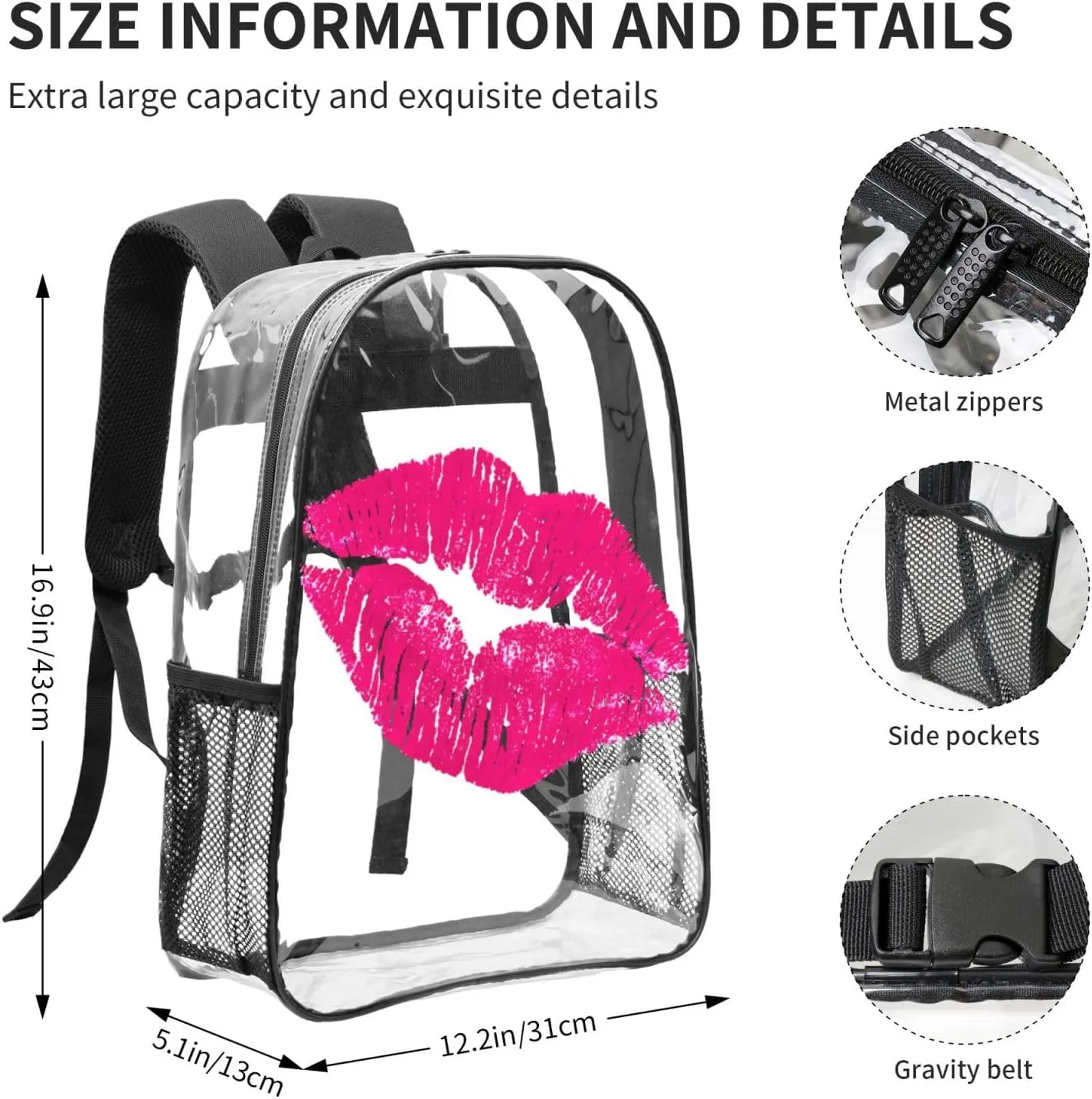Pinks Lips 16 Inch Clear PVC Backpacks Transparent Backpack Multipurpose Double Shoulder Bag for Men Women Gifts