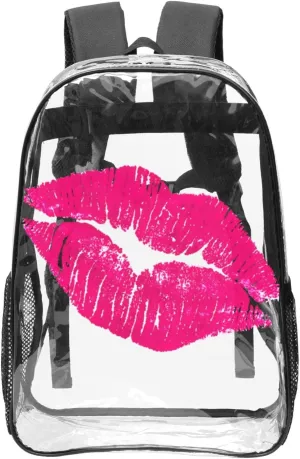 Pinks Lips 16 Inch Clear PVC Backpacks Transparent Backpack Multipurpose Double Shoulder Bag for Men Women Gifts