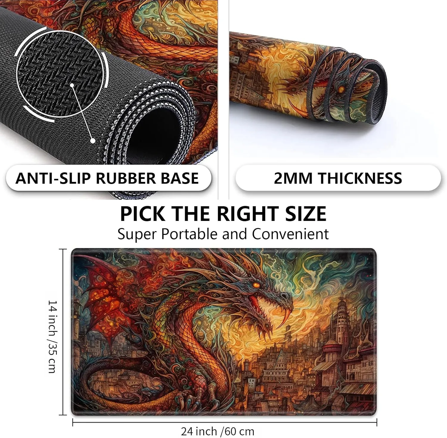 Playmat for MTG,Game Mat 24 x 14 inches, Non Slip Rubber Backing TCG and Board Game Mat for Cards,Mousepad Desk Mats-Dragon Castle