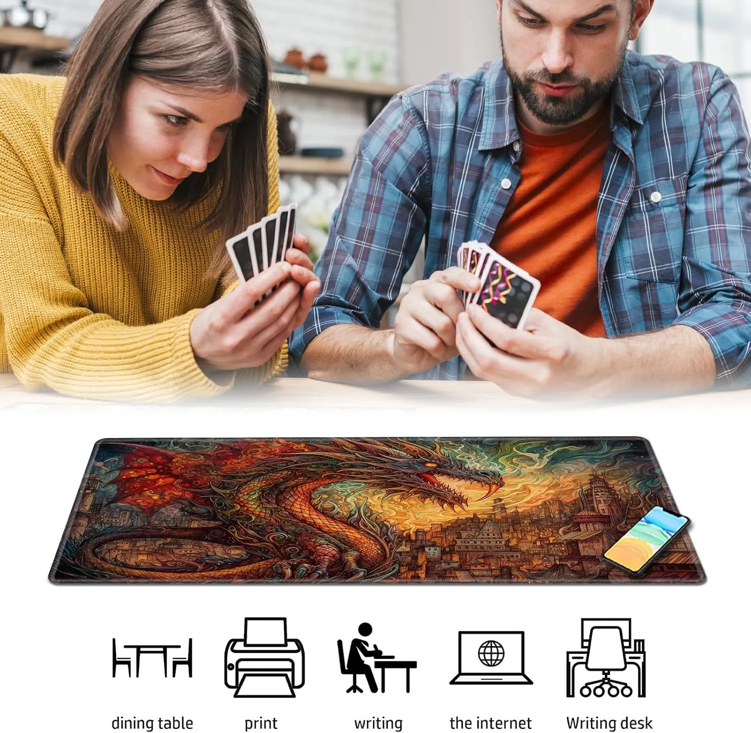 Playmat for MTG,Game Mat 24 x 14 inches, Non Slip Rubber Backing TCG and Board Game Mat for Cards,Mousepad Desk Mats-Dragon Castle