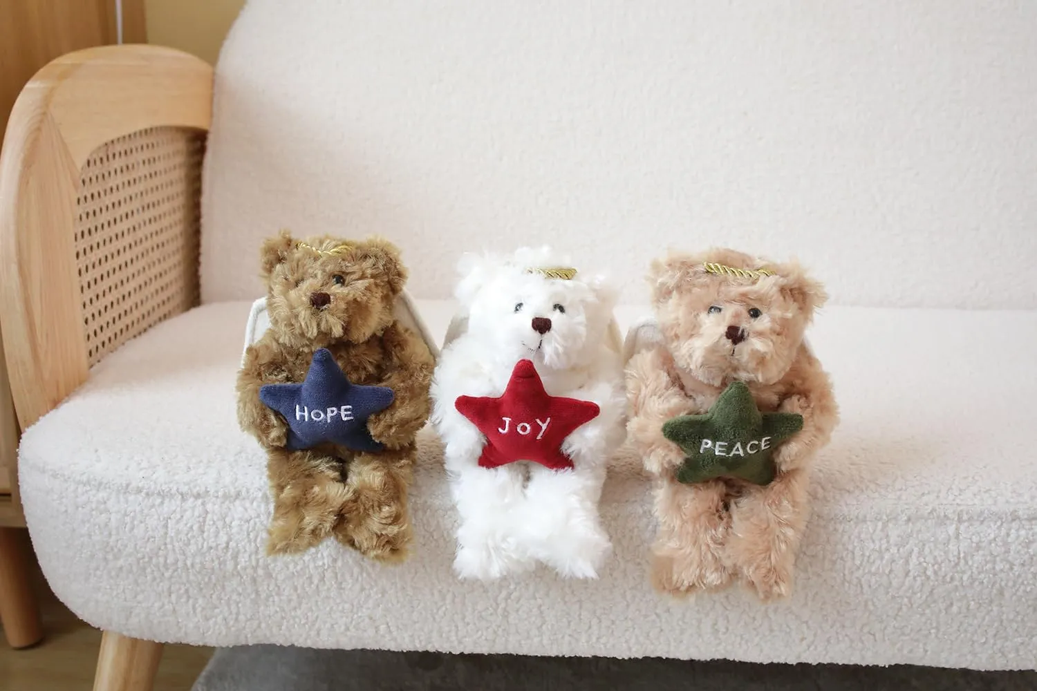 Plushland Angel Bears with White Wings and Halo,Hold Star with Hope Peace Joy, Soft Stuffed Animal Plush Toy Gift for Christmas 6 Inches (Mocha)
