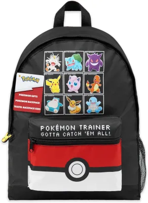 Pokemon Backpack Kids School Bag Boys Girls Teens Pikachu Eevee Pokeball (Black/Red)