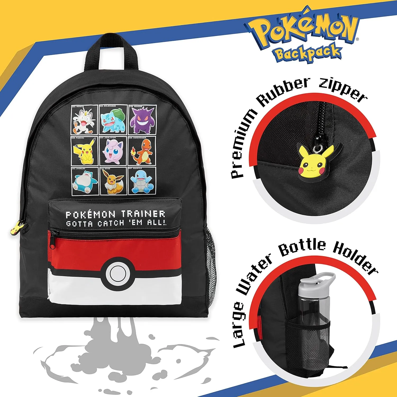 Pokemon Backpack Kids School Bag Boys Girls Teens Pikachu Eevee Pokeball (Black/Red)