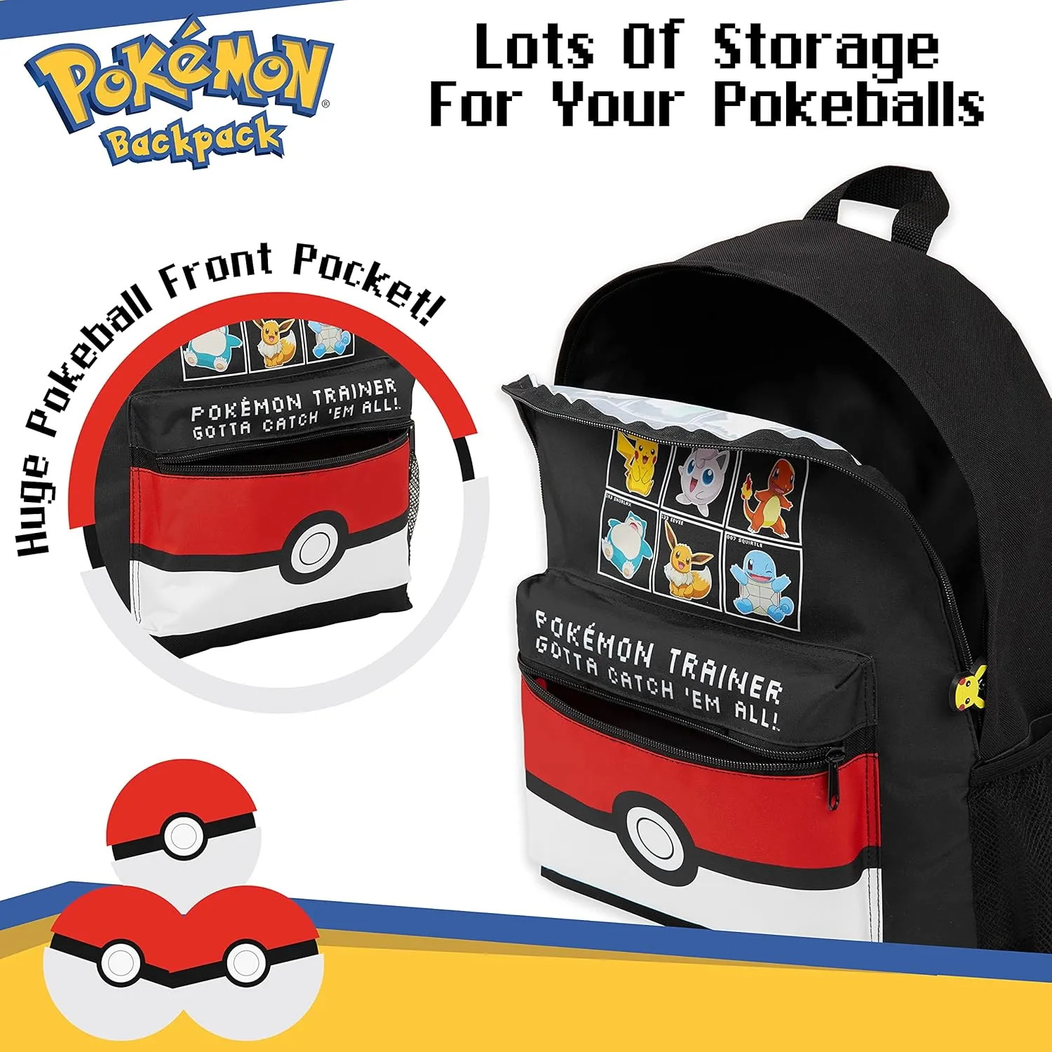 Pokemon Backpack Kids School Bag Boys Girls Teens Pikachu Eevee Pokeball (Black/Red)