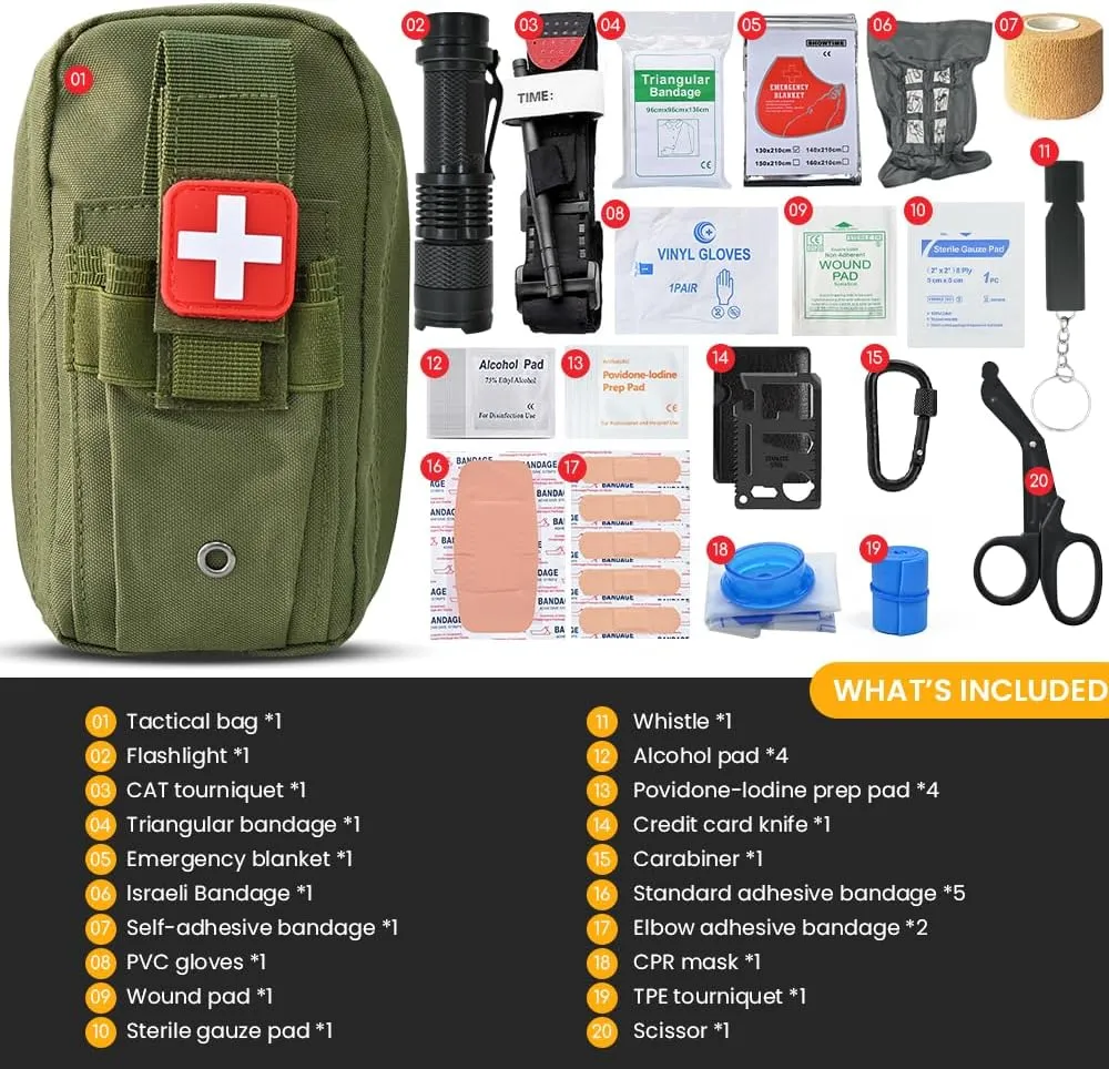 Portable First Aid Kits with Tourniquet, Multi-Purpose Molle Belt Med Trauma Kit, Tactical Emergency Outdoor Survival Gear for Military Hiking Hunting Adventures A031-A034