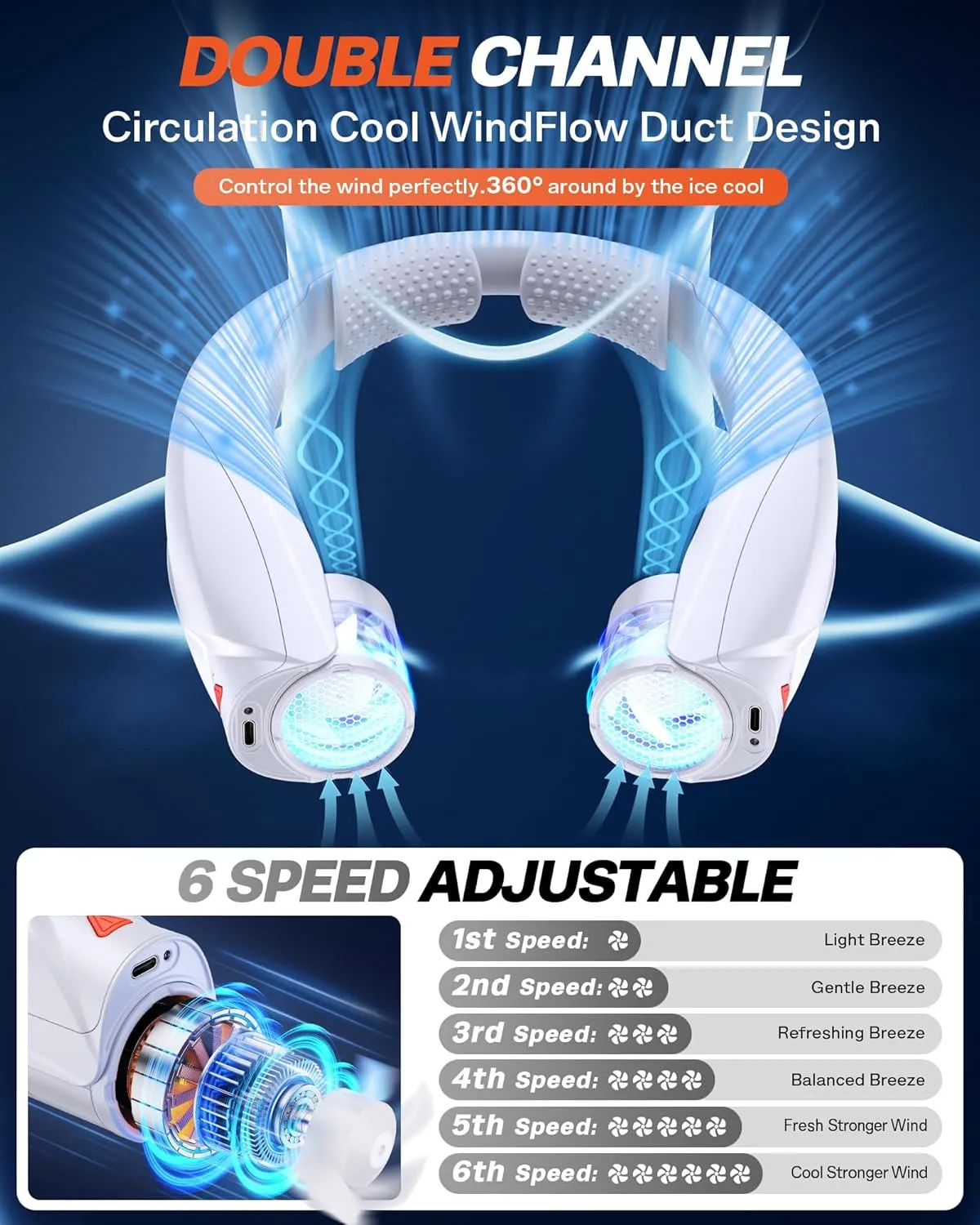 Portable Neck Fan - with LED Book Light, 6-20 Hrs Long Battery, 6-Speed Adjustable, USB-C Rechargeable, Ultra Quiet, Hands-Free Personal Cooling for Men Women Outdoor Indoor
