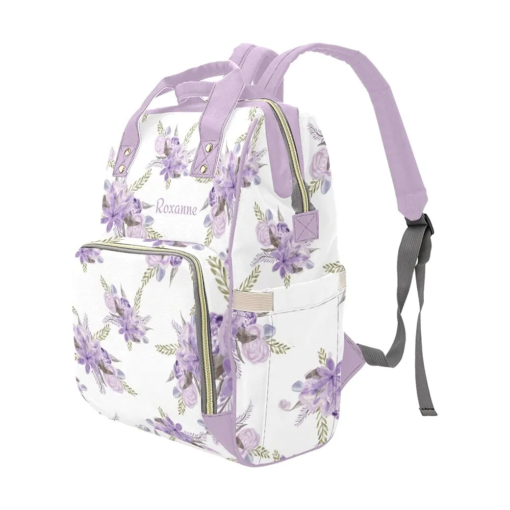 Purple Flower Diaper Bags Backpack with Name Personalized Nursing Nappy Bag Travel Tote Bag Gifts