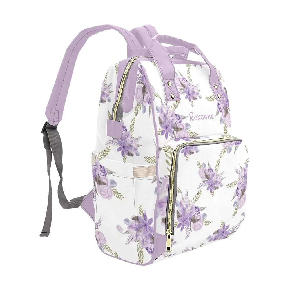 Purple Flower Diaper Bags Backpack with Name Personalized Nursing Nappy Bag Travel Tote Bag Gifts