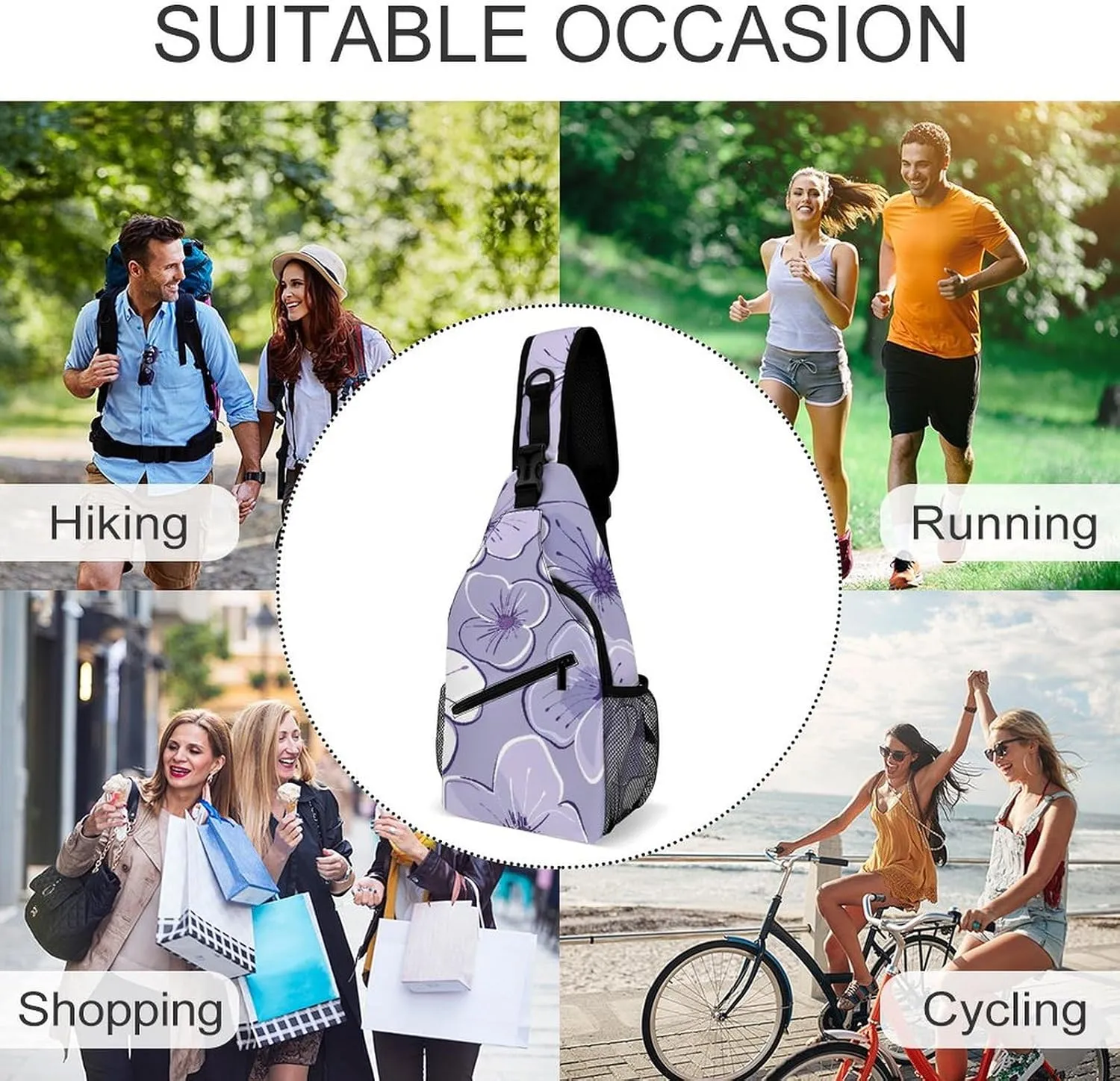 Purple Love Pattern Sling Bag Lightweight Crossbody Chest Pack Travel Shoulder Bag with Adjustable Strap