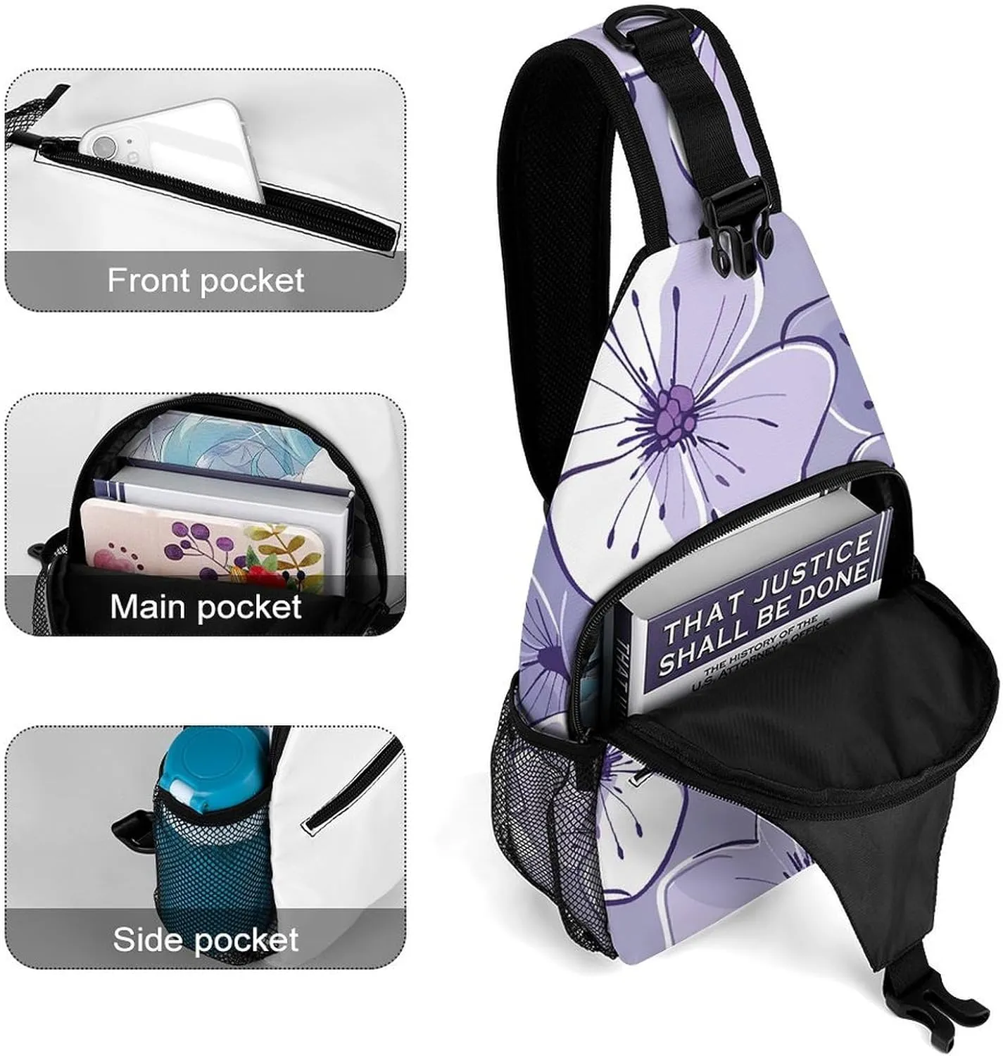 Purple Love Pattern Sling Bag Lightweight Crossbody Chest Pack Travel Shoulder Bag with Adjustable Strap