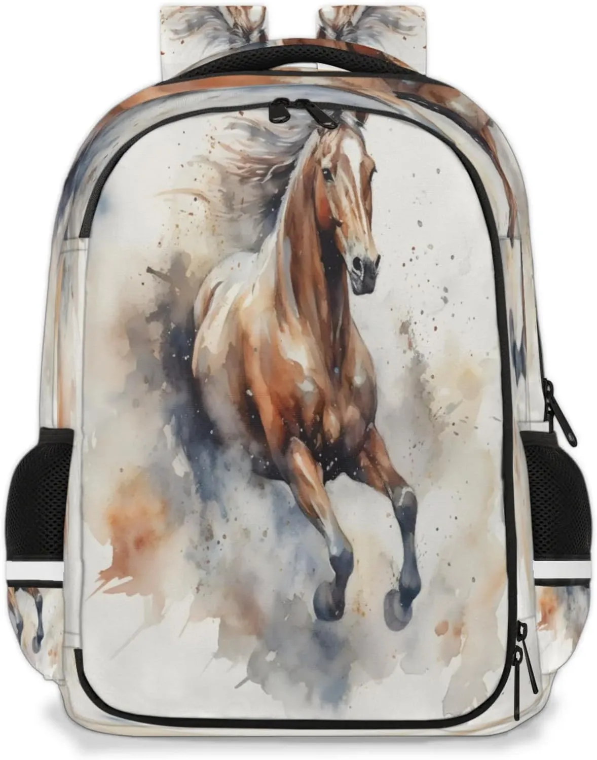 QsirBC Running Watercolor Horse Multi Compartment Backpack with Reflective Strips Adjustable Padded Straps Large Capacity Waterproof Duffel Bag for Men Women Work and Daily Use