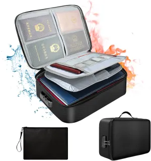 Quctak Fireproof Document Bag with Lock(14.17'' x 10.63'' x 3.93''), Waterproof 4-Layer File Storage Box with Money Bag, Portable Organizer Bag with Zipper for Passport Certificates Legal File