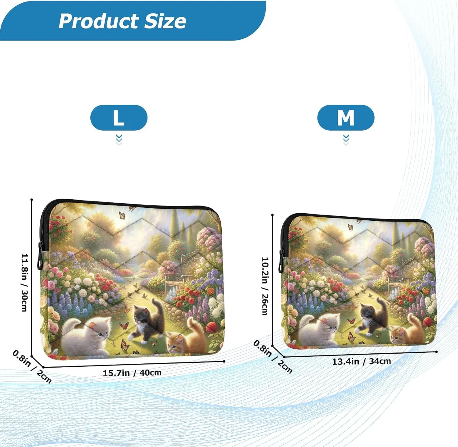 Quilted Laptop Sleeve Kittens Playing Flower Path Protective Case with Zipper Laptop Bag 14 Inch