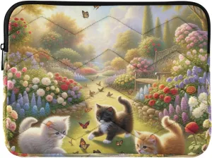 Quilted Laptop Sleeve Kittens Playing Flower Path Protective Case with Zipper Laptop Bag 14 Inch