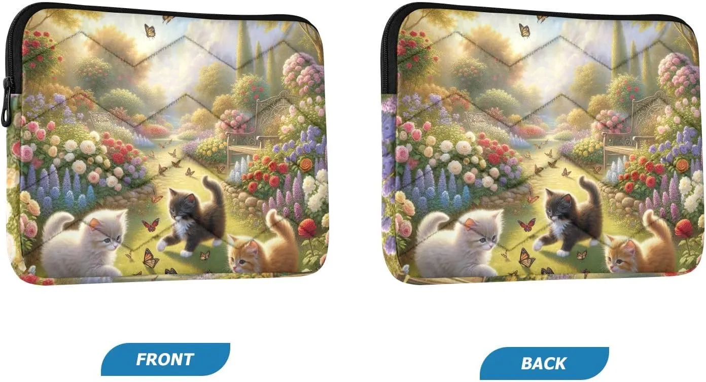 Quilted Laptop Sleeve Kittens Playing Flower Path Protective Case with Zipper Laptop Bag 14 Inch
