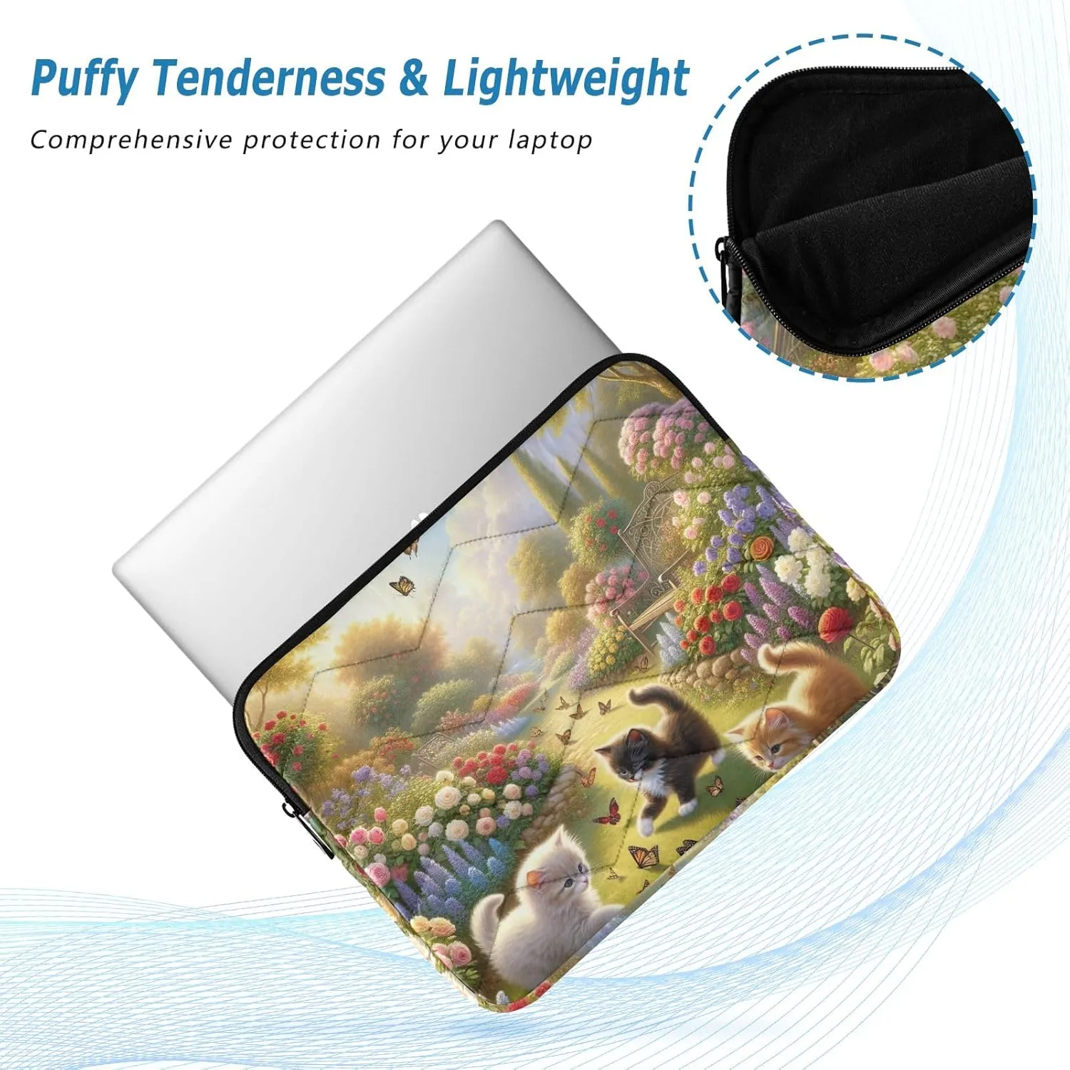 Quilted Laptop Sleeve Kittens Playing Flower Path Protective Case with Zipper Laptop Bag 14 Inch