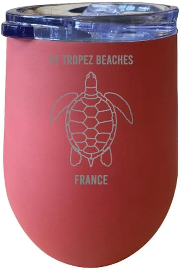R and R Imports St Tropez Beaches France Laser Etched Beach Souvenir 12 oz Insulated Wine Stainless Steel Tumbler Turtle Design Coral