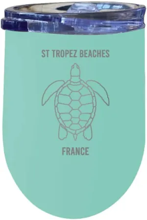 R and R Imports St Tropez Beaches France Laser Etched Beach Souvenir 12 oz Insulated Wine Stainless Steel Tumbler Turtle Design Seafoam