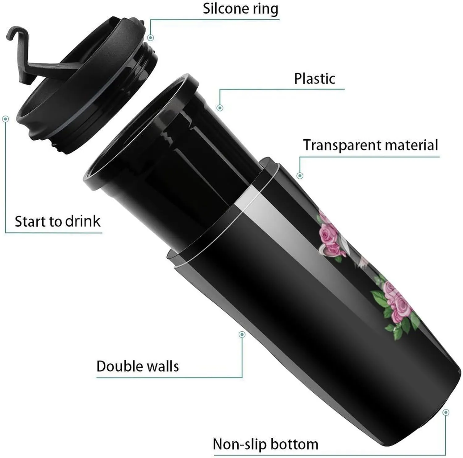 Raccoon with Rose Coffee Mug with Lid Portable Tumbler Water Bottle for Travel Business 350ml