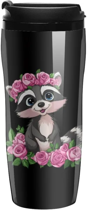 Raccoon with Rose Coffee Mug with Lid Portable Tumbler Water Bottle for Travel Business 350ml