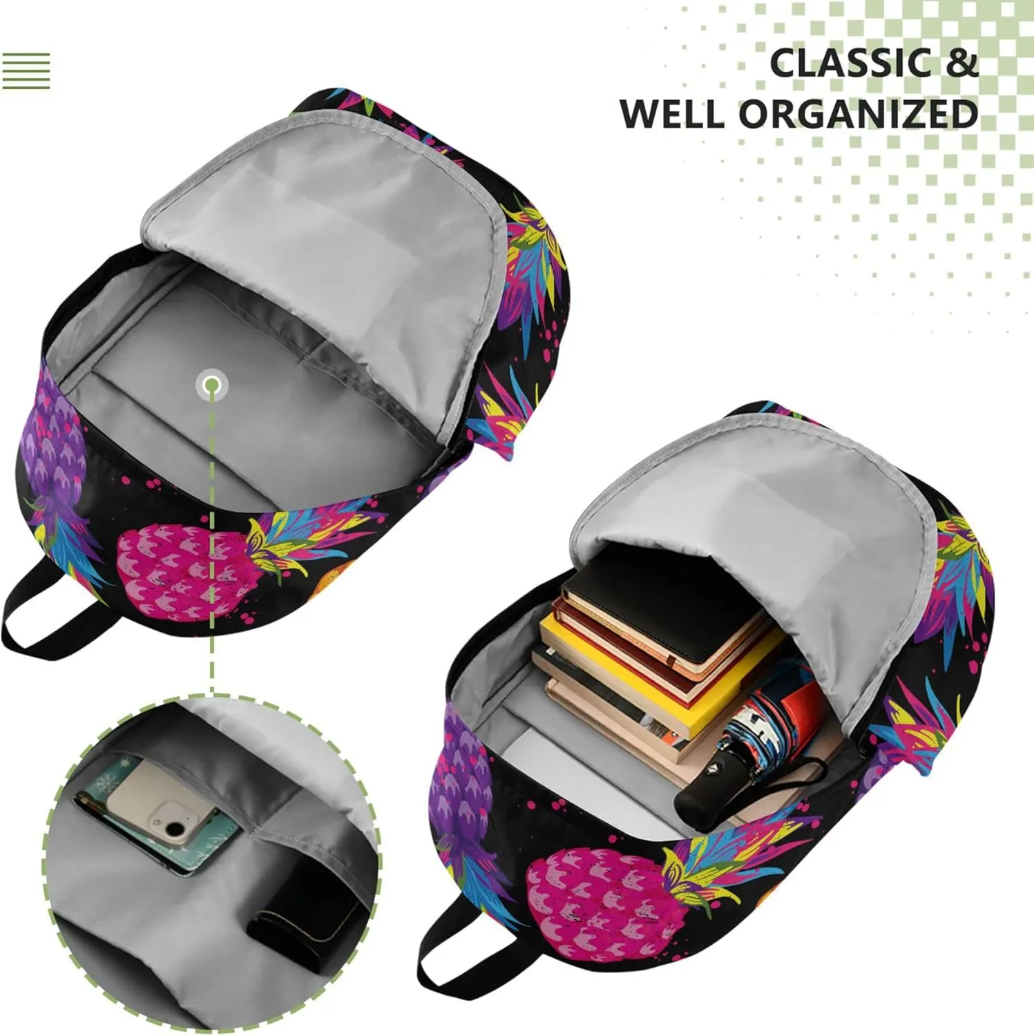 Rainbow Pineapple Fruit Laptop Backpack Travel Hiking Camping Work Computer Back Packs Book Bags for Women Men