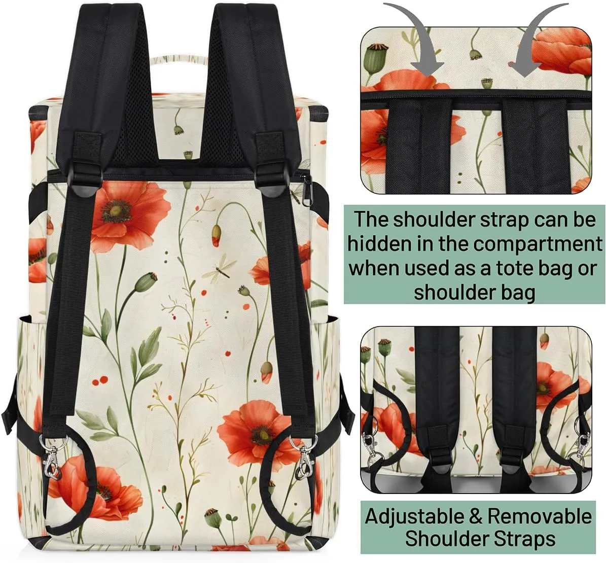 Red Poppy Travel Backpack Carry On Flight Approved for Women Men, 18.9 Inch Large Floral Airline Approved Luggage Weekender Backpacks