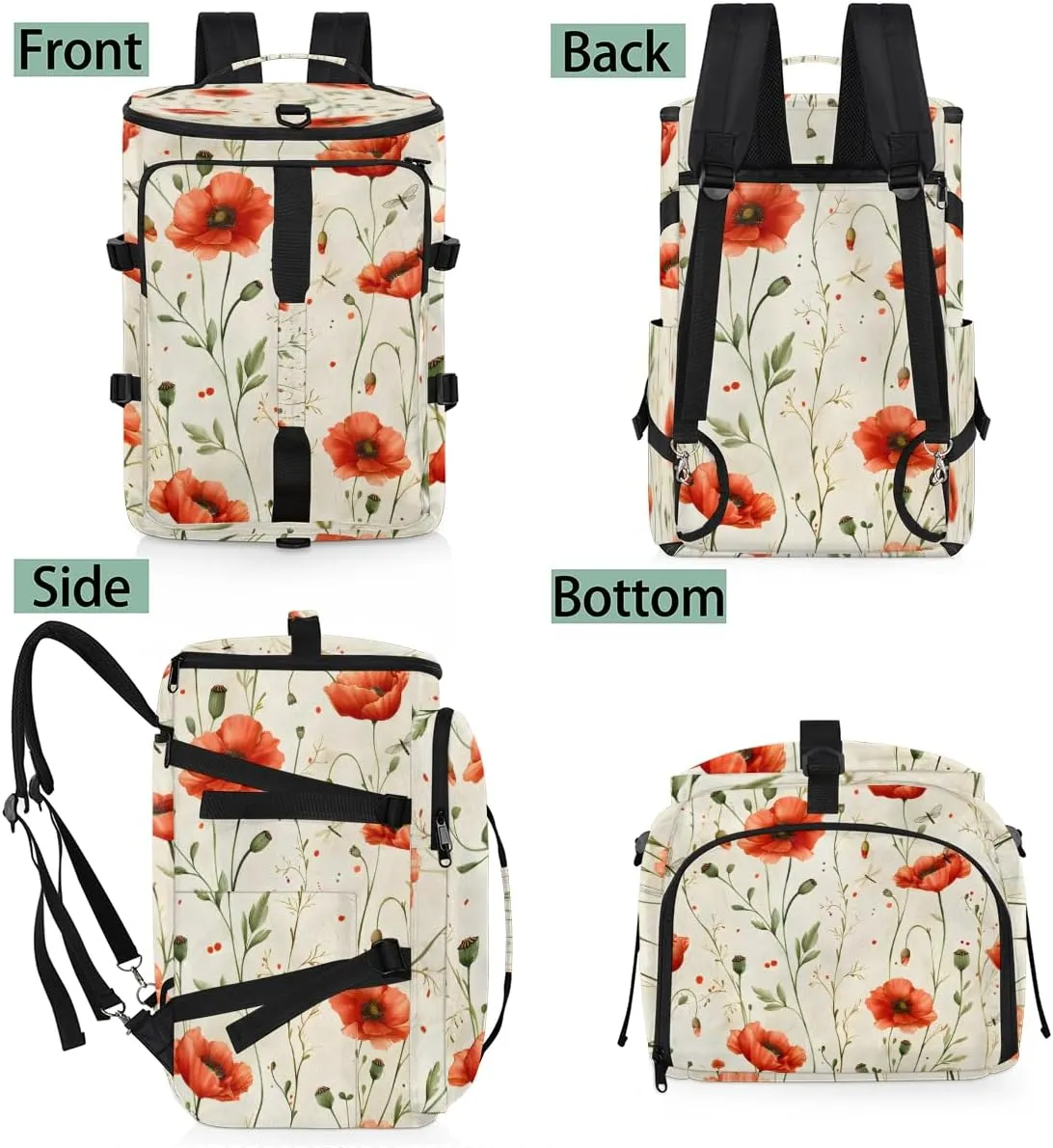 Red Poppy Travel Backpack Carry On Flight Approved for Women Men, 18.9 Inch Large Floral Airline Approved Luggage Weekender Backpacks