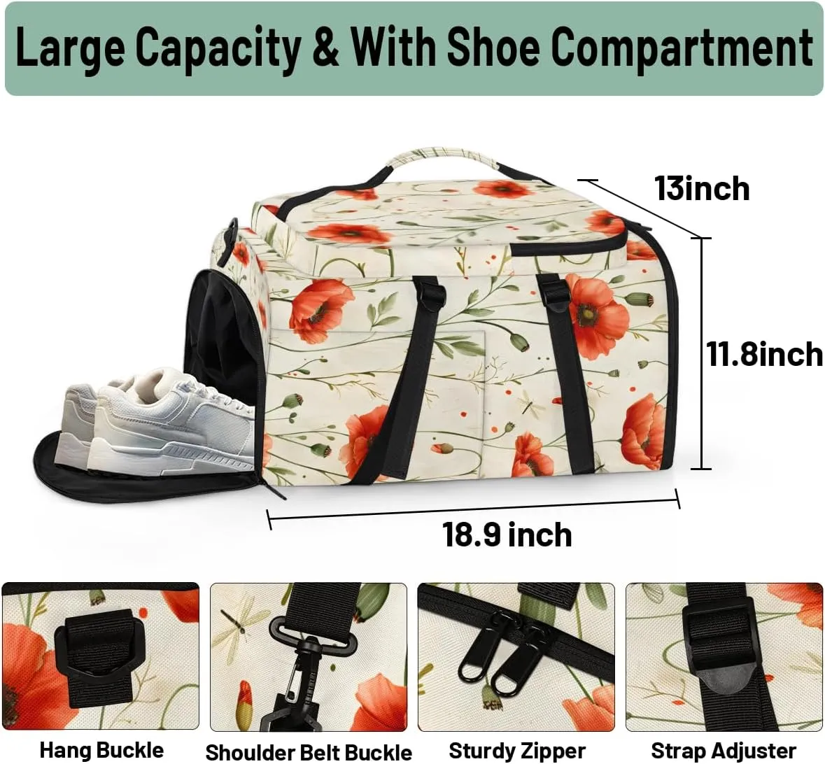 Red Poppy Travel Backpack Carry On Flight Approved for Women Men, 18.9 Inch Large Floral Airline Approved Luggage Weekender Backpacks