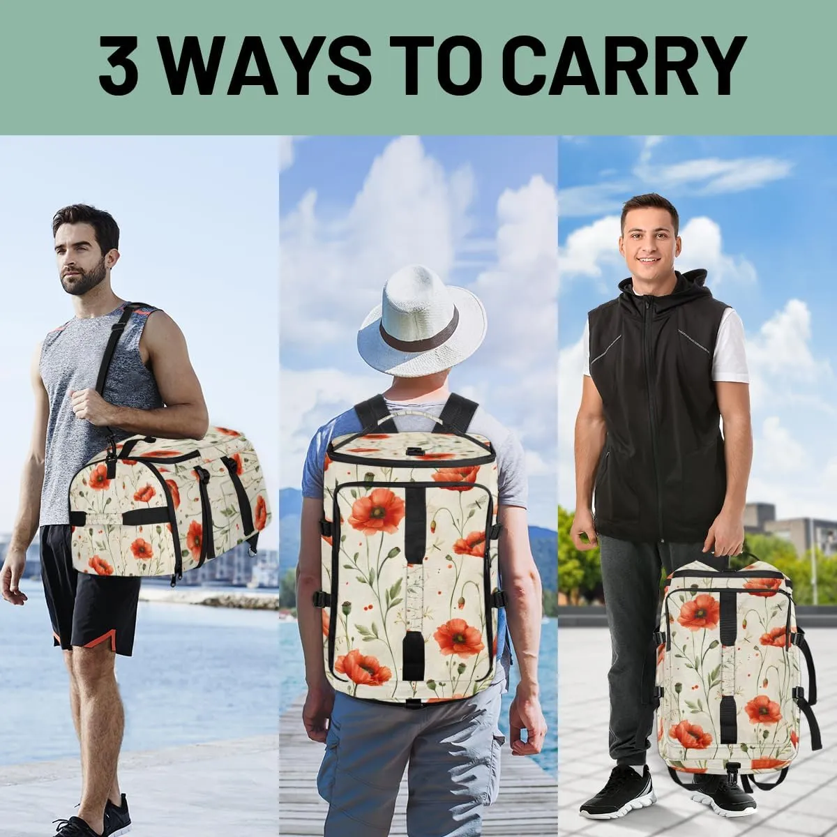 Red Poppy Travel Backpack Carry On Flight Approved for Women Men, 18.9 Inch Large Floral Airline Approved Luggage Weekender Backpacks