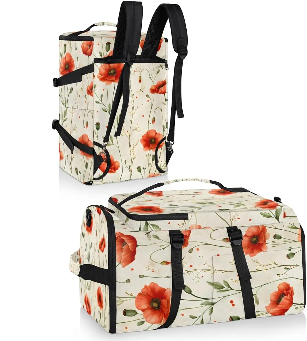 Red Poppy Travel Backpack Carry On Flight Approved for Women Men, 18.9 Inch Large Floral Airline Approved Luggage Weekender Backpacks