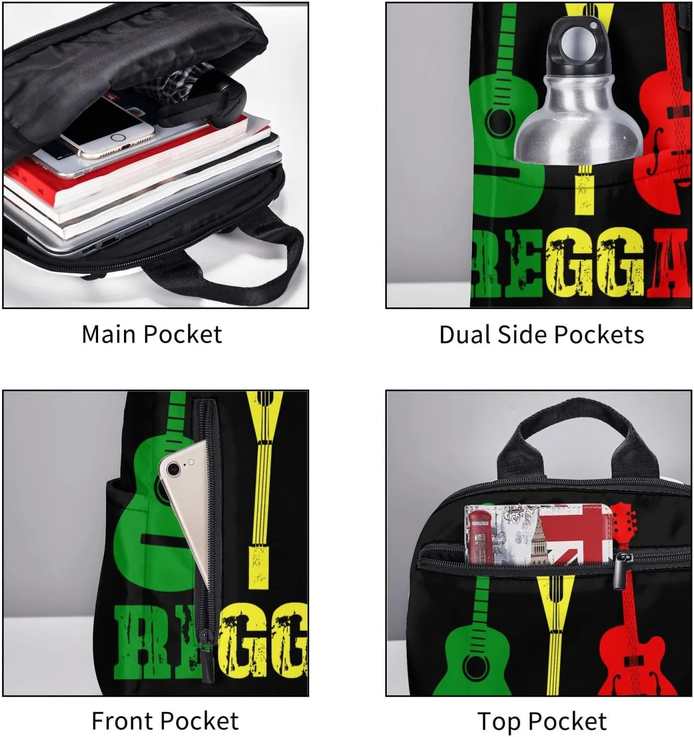 Reggae Guitar Jamaican Music Casual Backpacks Laptop Backpack Outdoor Travel Rucksack Sport Carry-On Daypack Lightweight Bag with Multi-Pockets