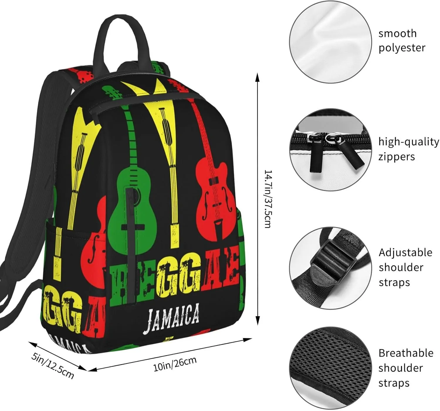 Reggae Guitar Jamaican Music Casual Backpacks Laptop Backpack Outdoor Travel Rucksack Sport Carry-On Daypack Lightweight Bag with Multi-Pockets
